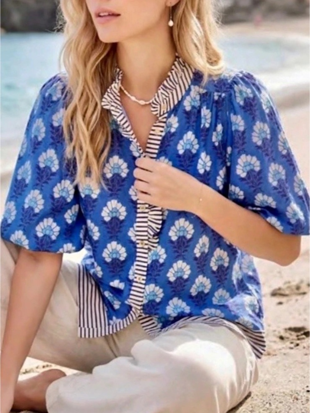 Royal Floral &Stripe Ruffle Split V-Neck Top Short Bubble Sleeve